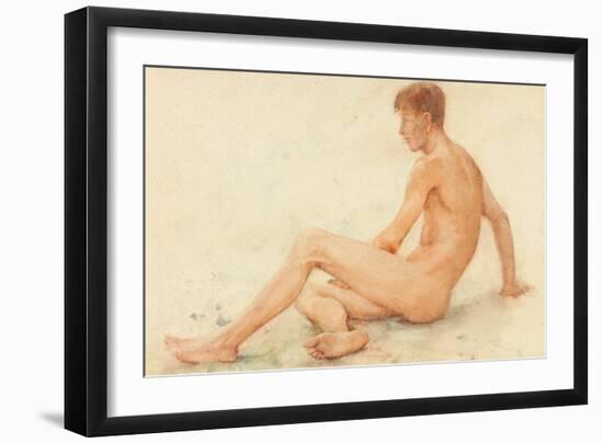 Study of a Male Nude, Seated, Turning Away to the right (W/C on Paper)-Henry Scott Tuke-Framed Giclee Print