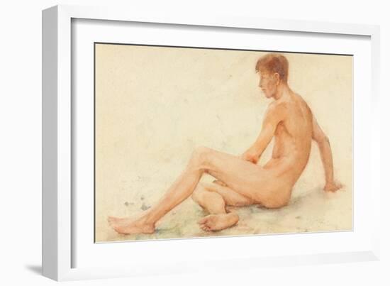 Study of a Male Nude, Seated, Turning Away to the right (W/C on Paper)-Henry Scott Tuke-Framed Giclee Print