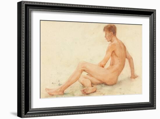 Study of a Male Nude, Seated, Turning Away to the right (W/C on Paper)-Henry Scott Tuke-Framed Giclee Print