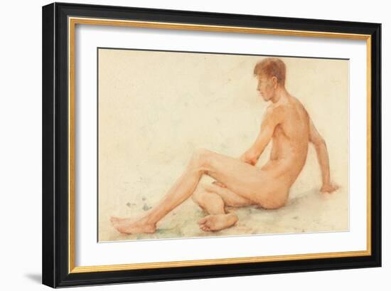 Study of a Male Nude, Seated, Turning Away to the right (W/C on Paper)-Henry Scott Tuke-Framed Giclee Print