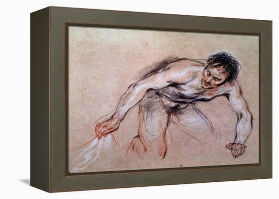 Study of a Naked Man Kneeling Pulling a Drapery, 18Th Century (Red Chalk)-Jean Antoine Watteau-Framed Premier Image Canvas