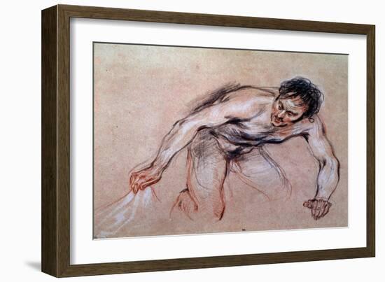 Study of a Naked Man Kneeling Pulling a Drapery, 18Th Century (Red Chalk)-Jean Antoine Watteau-Framed Giclee Print