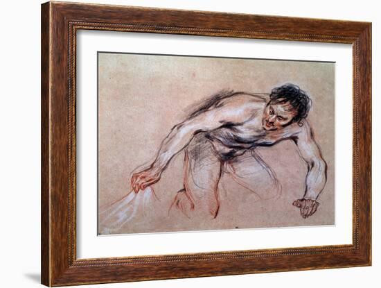 Study of a Naked Man Kneeling Pulling a Drapery, 18Th Century (Red Chalk)-Jean Antoine Watteau-Framed Giclee Print