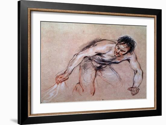 Study of a Naked Man Kneeling Pulling a Drapery, 18Th Century (Red Chalk)-Jean Antoine Watteau-Framed Giclee Print