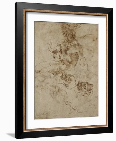 Study of a Seated Young Man, with Head Studies, C.1502-Michelangelo Buonarroti-Framed Giclee Print