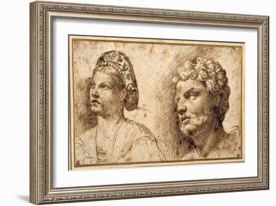 Study of the Head and Shoulders of a Young Woman Wearing a Balza, and of the Head of a Bearded Man-Domenico Campagnola-Framed Giclee Print