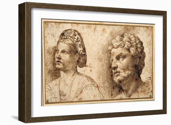 Study of the Head and Shoulders of a Young Woman Wearing a Balza, and of the Head of a Bearded Man-Domenico Campagnola-Framed Giclee Print