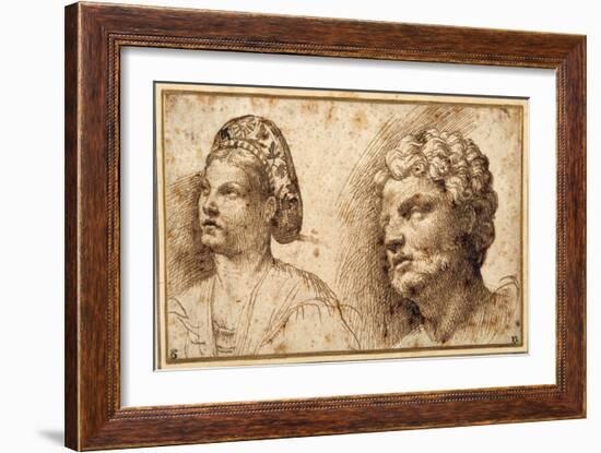 Study of the Head and Shoulders of a Young Woman Wearing a Balza, and of the Head of a Bearded Man-Domenico Campagnola-Framed Giclee Print