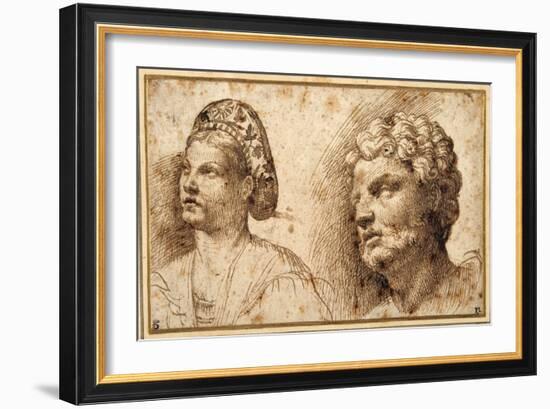 Study of the Head and Shoulders of a Young Woman Wearing a Balza, and of the Head of a Bearded Man-Domenico Campagnola-Framed Giclee Print