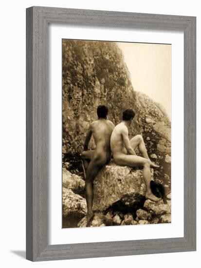Study of Two Male Nudes Sitting Back to Back, C.1898-Wilhelm Von Gloeden-Framed Photographic Print