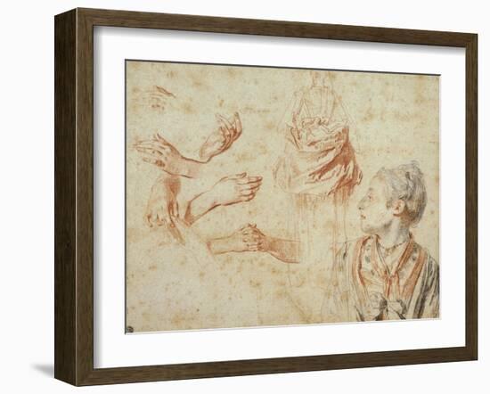 Study, Red Chalk Drawing, Pencil and Black Chalk-Jean Antoine Watteau-Framed Giclee Print