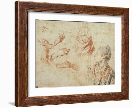 Study, Red Chalk Drawing, Pencil and Black Chalk-Jean Antoine Watteau-Framed Giclee Print