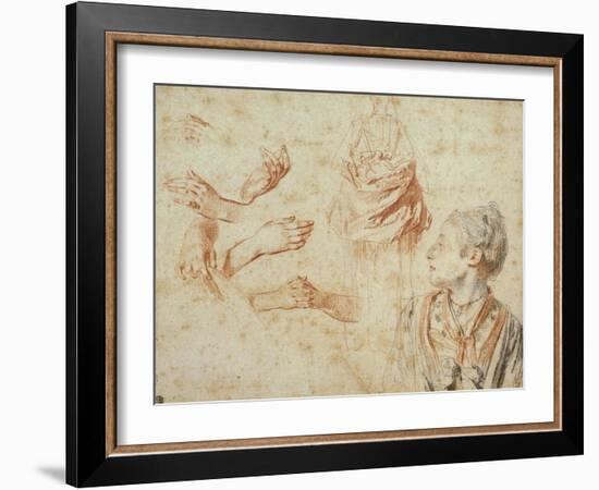 Study, Red Chalk Drawing, Pencil and Black Chalk-Jean Antoine Watteau-Framed Giclee Print