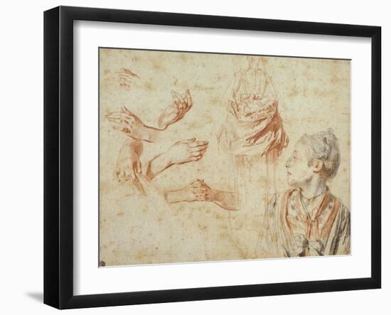 Study, Red Chalk Drawing, Pencil and Black Chalk-Jean Antoine Watteau-Framed Giclee Print