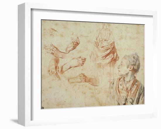 Study, Red Chalk Drawing, Pencil and Black Chalk-Jean Antoine Watteau-Framed Giclee Print