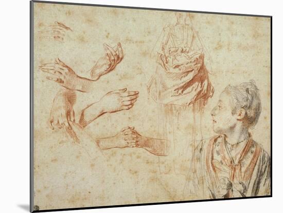 Study, Red Chalk Drawing, Pencil and Black Chalk-Jean Antoine Watteau-Mounted Giclee Print