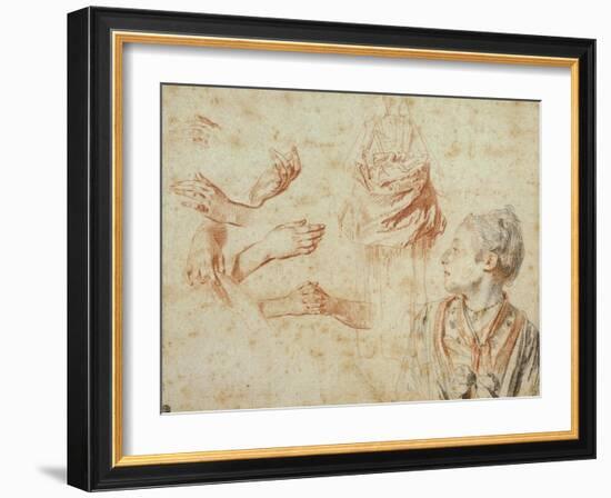 Study, Red Chalk Drawing, Pencil and Black Chalk-Jean Antoine Watteau-Framed Giclee Print