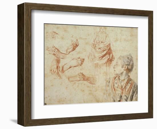 Study, Red Chalk Drawing, Pencil and Black Chalk-Jean Antoine Watteau-Framed Premium Giclee Print