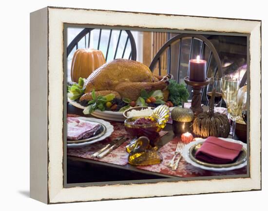 Stuffed Turkey on Thanksgiving Table (USA)-null-Framed Premier Image Canvas