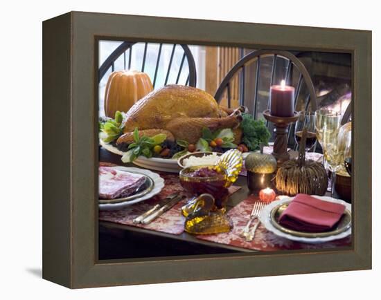 Stuffed Turkey on Thanksgiving Table (USA)-null-Framed Premier Image Canvas