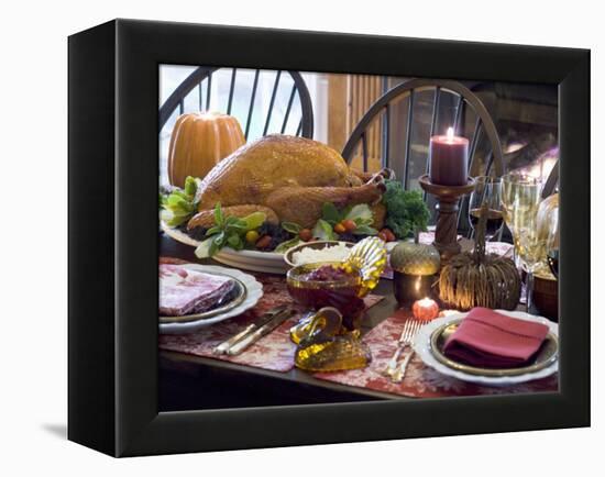 Stuffed Turkey on Thanksgiving Table (USA)-null-Framed Premier Image Canvas