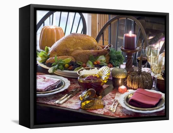 Stuffed Turkey on Thanksgiving Table (USA)-null-Framed Premier Image Canvas