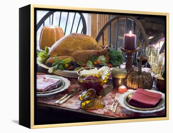 Stuffed Turkey on Thanksgiving Table (USA)-null-Framed Premier Image Canvas