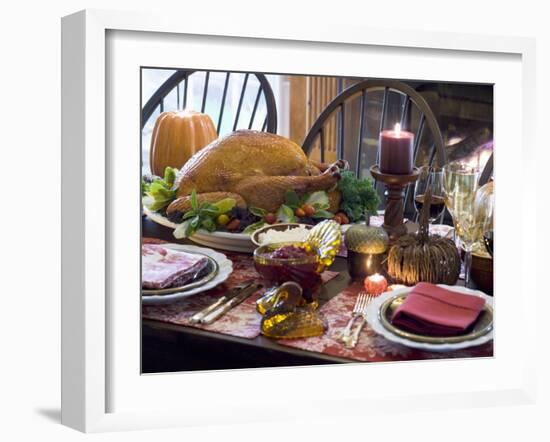 Stuffed Turkey on Thanksgiving Table (USA)-null-Framed Photographic Print