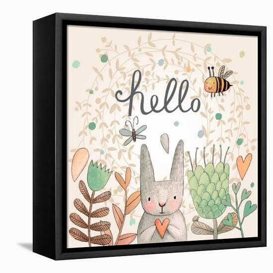 Stunning Card with Cute Rabbit, Butterfly and Bee in Summer Flowers. Awesome Background Made in Wat-smilewithjul-Framed Stretched Canvas