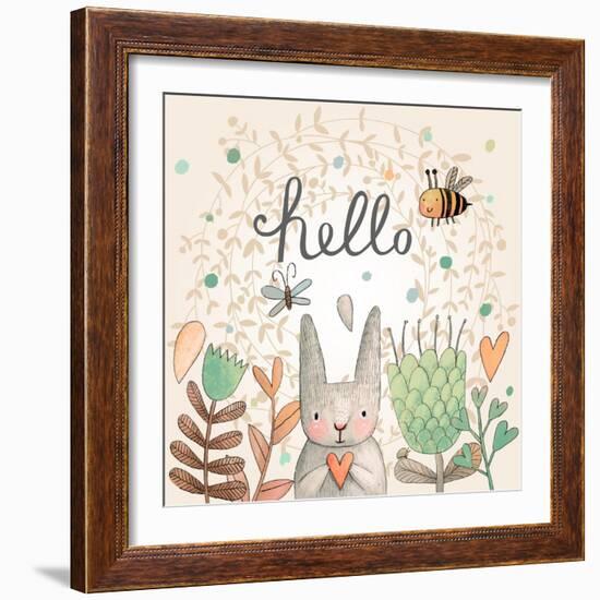 Stunning Card with Cute Rabbit, Butterfly and Bee in Summer Flowers. Awesome Background Made in Wat-smilewithjul-Framed Art Print