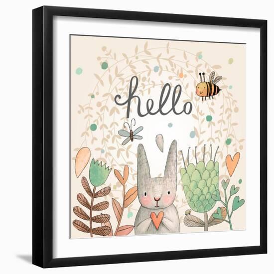 Stunning Card with Cute Rabbit, Butterfly and Bee in Summer Flowers. Awesome Background Made in Wat-smilewithjul-Framed Art Print