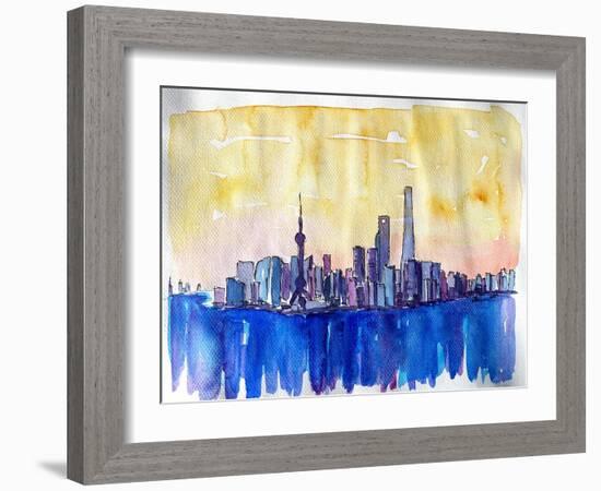 Stunning Shanghai Skyline in Watercolor-Markus Bleichner-Framed Art Print