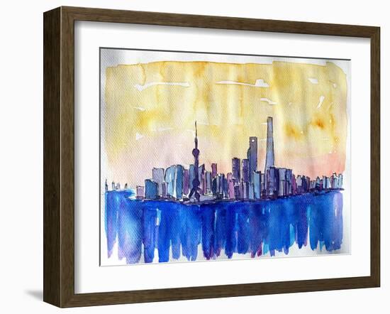 Stunning Shanghai Skyline in Watercolor-Markus Bleichner-Framed Art Print