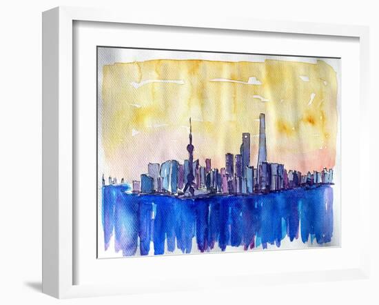 Stunning Shanghai Skyline in Watercolor-Markus Bleichner-Framed Art Print