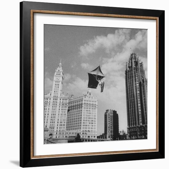 Stunt Man Jack Wylie Kite-Flighting over the Chicago River-Al Fenn-Framed Photographic Print