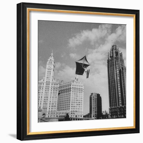 Stunt Man Jack Wylie Kite-Flighting over the Chicago River-Al Fenn-Framed Photographic Print