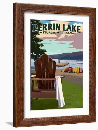 Sturgis, Michigan - Perrin Lake - Adirondack Chairs-Lantern Press-Framed Art Print