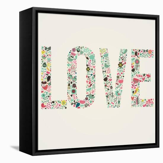 Stylish Floral Card. Love Word Made of Flowers, Birds and Leafs. Wedding Invitation Design. Vector-smilewithjul-Framed Stretched Canvas