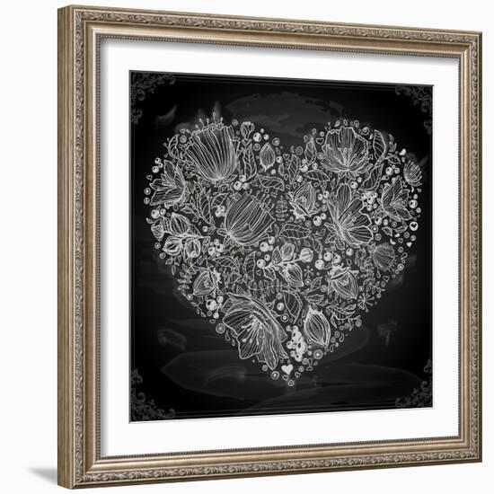 Stylish Floral Heart, Hand Drawn Retro Flowers-Ozerina Anna-Framed Art Print