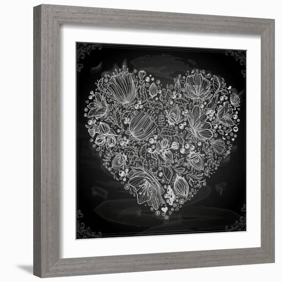 Stylish Floral Heart, Hand Drawn Retro Flowers-Ozerina Anna-Framed Art Print