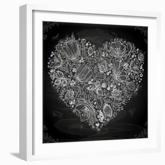 Stylish Floral Heart, Hand Drawn Retro Flowers-Ozerina Anna-Framed Art Print