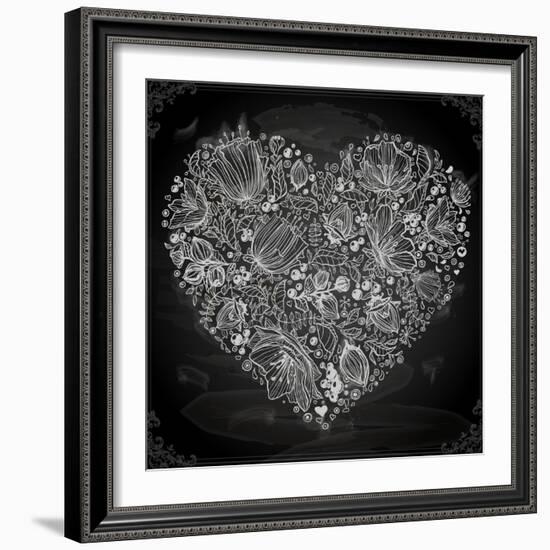 Stylish Floral Heart, Hand Drawn Retro Flowers-Ozerina Anna-Framed Art Print