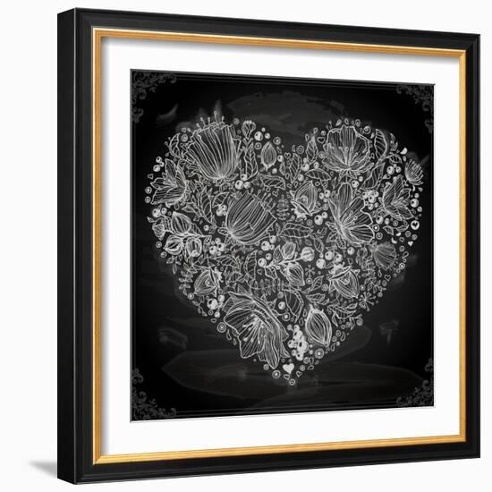 Stylish Floral Heart, Hand Drawn Retro Flowers-Ozerina Anna-Framed Art Print