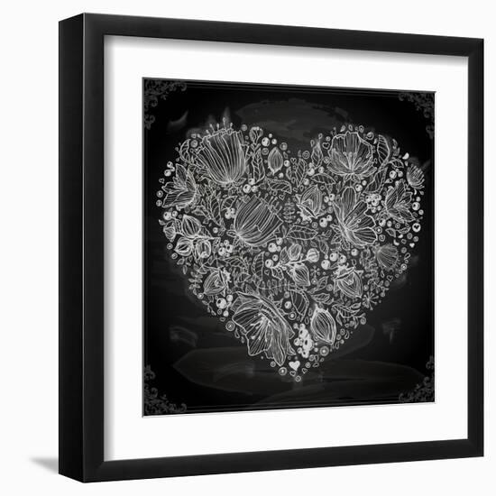 Stylish Floral Heart, Hand Drawn Retro Flowers-Ozerina Anna-Framed Art Print