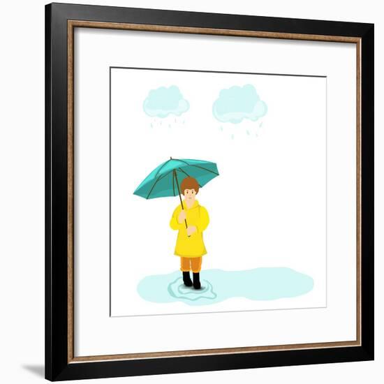Stylish Girl Holding Green Umbrella on Blue Stormy Clouds Background for Monsoon Season.-Allies Interactive-Framed Premium Giclee Print