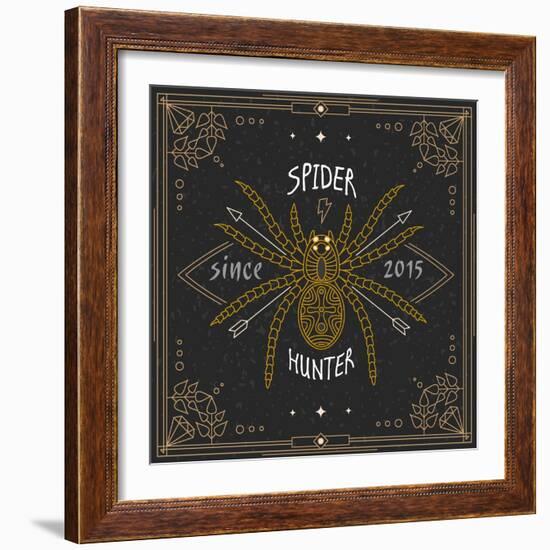Stylish Thin Line Spider Label. Vintage Design Vector Illustration, Logo, Badge, Emblem, Insignia,-karnoff-Framed Art Print