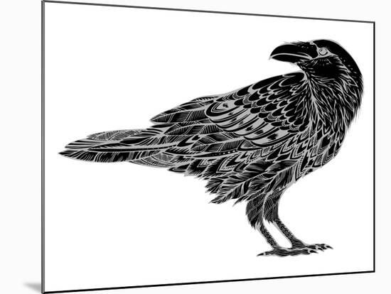 Stylized Crows. Decorative Bird. Line Art. Rook. Black and White Drawing by Hand. Doodle. Zentangle-In Art-Mounted Art Print
