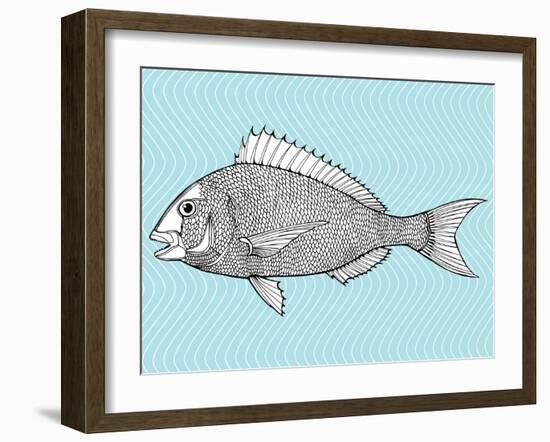 Stylized Fish. Sea Fish. Dorado. Black and White Drawing by Hand. Line Art. Tattoo. Doodle. Graphic-In Art-Framed Art Print