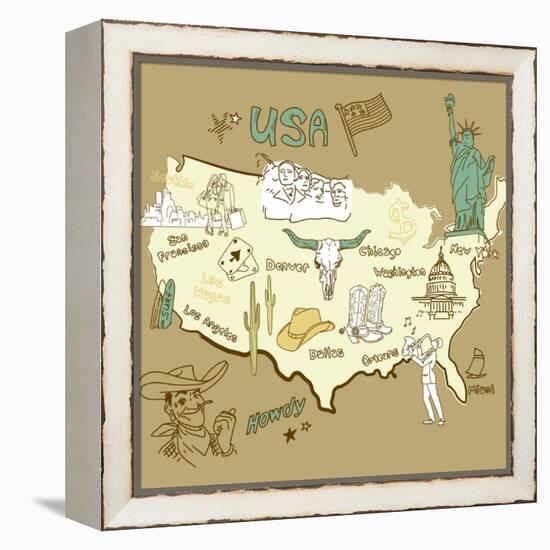 Stylized Map Of America. Things That Different Regions In Usa Are Famous For-Alisa Foytik-Framed Stretched Canvas