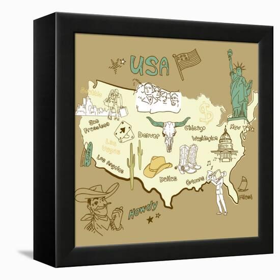 Stylized Map Of America. Things That Different Regions In Usa Are Famous For-Alisa Foytik-Framed Stretched Canvas